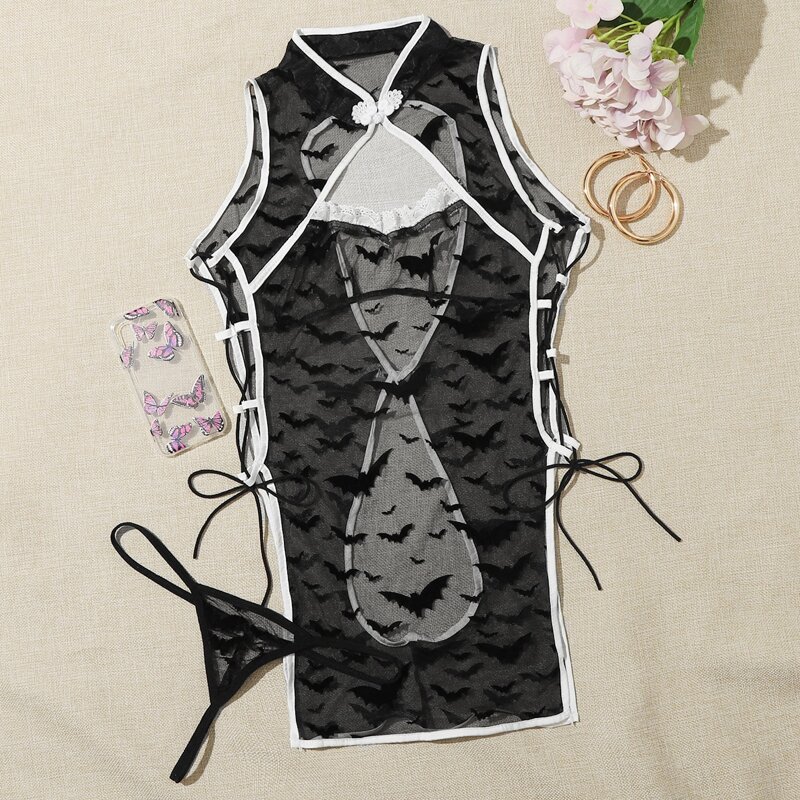 

Bat Print Sexy Chinese Cheongsam Costume & Thong, Black