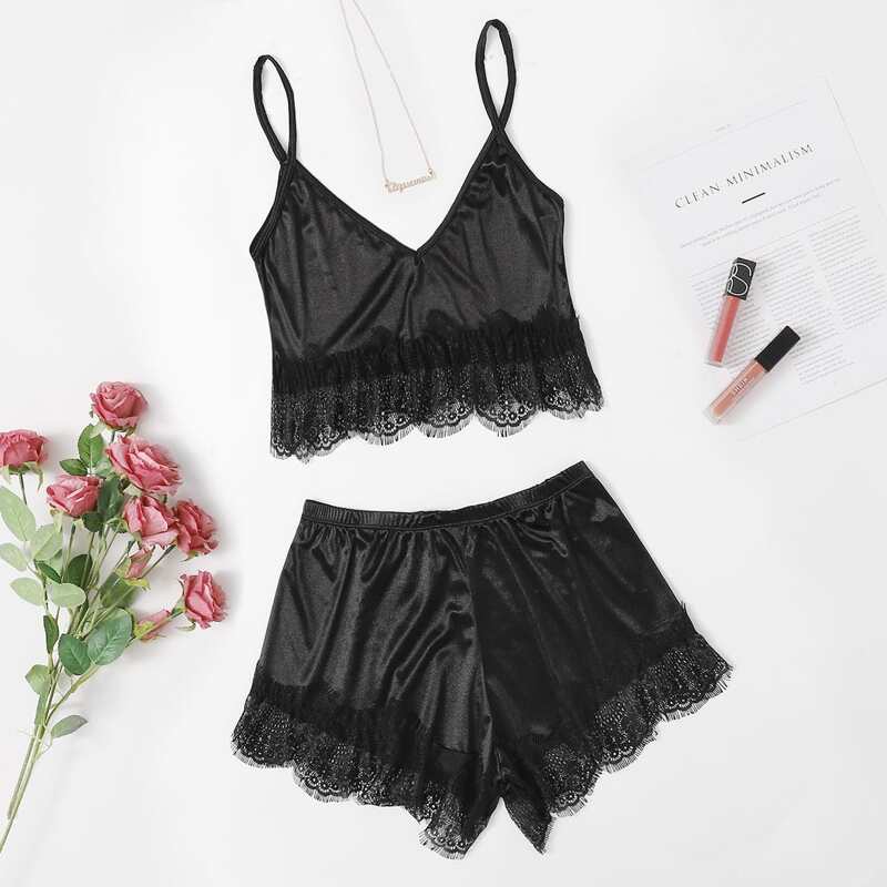 

Scallop lace Trim Cami PJ Set, Black
