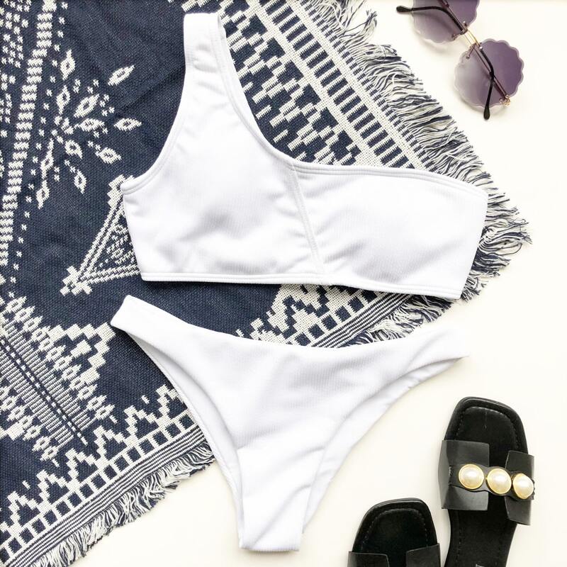 

Rib One Shoulder Bikini Swimsuit, White