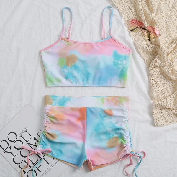

Tie Dye Drawstring Side Shorts Bikini Swimsuit, Multicolor