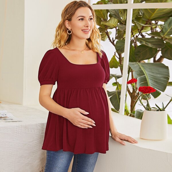 

Maternity Square Neck Puff Sleeve Peplum Top, Burgundy