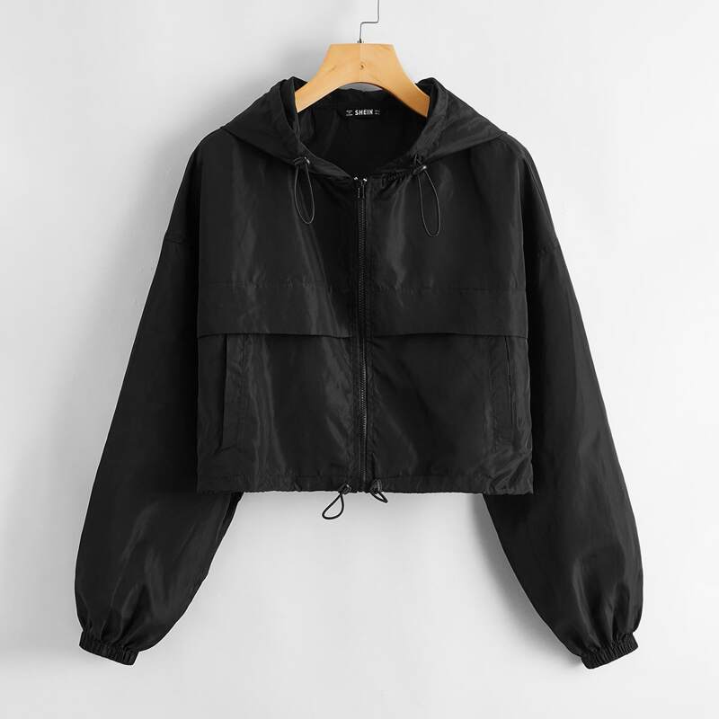 

Drawstring Detail Solid Wind Hooded Jacket, Black