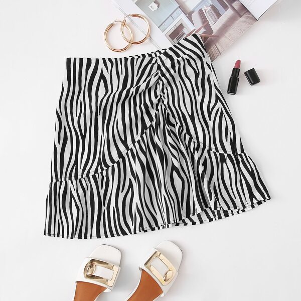 

Ruched Ruffle Hem Zebra Striped Skirt, Black and white