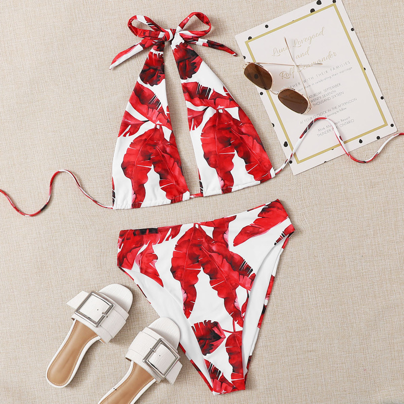 

Tropical Halter High Waisted Bikini Swimsuit, Red