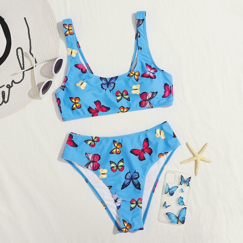 

Butterfly Print High Waisted Bikini Swimsuit, Blue