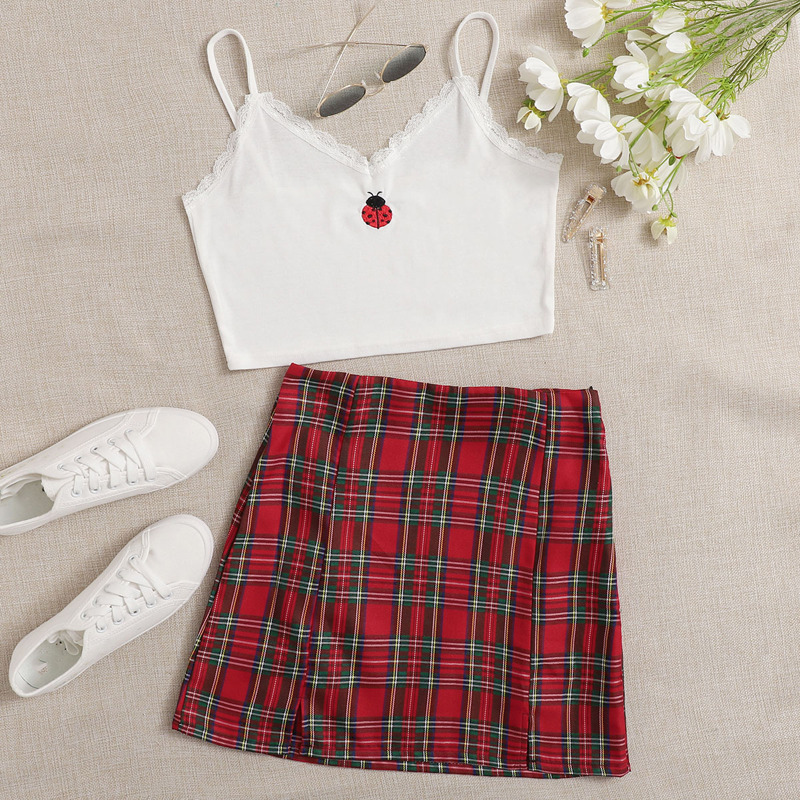 

Beetle Embroidery Cami & Plaid Skirt, Multicolor