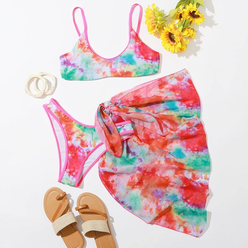

3pack Tie Dye Bikini Swimsuit & Beach Skirt, Multicolor