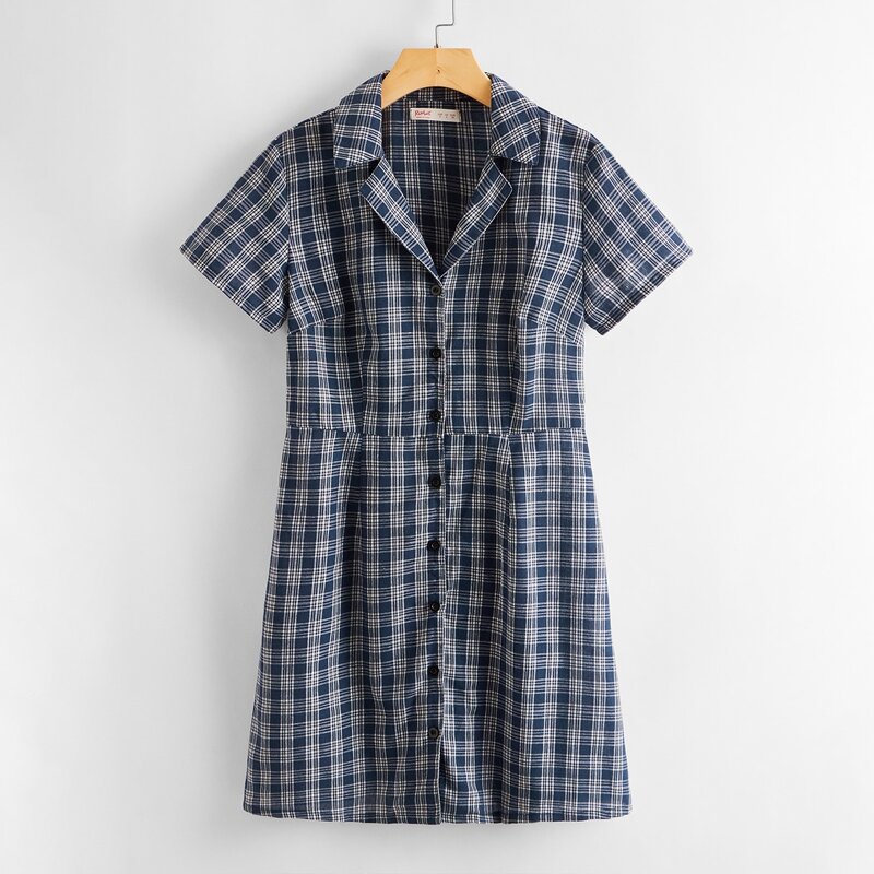 

Plaid Button Front Dress, Navy blue