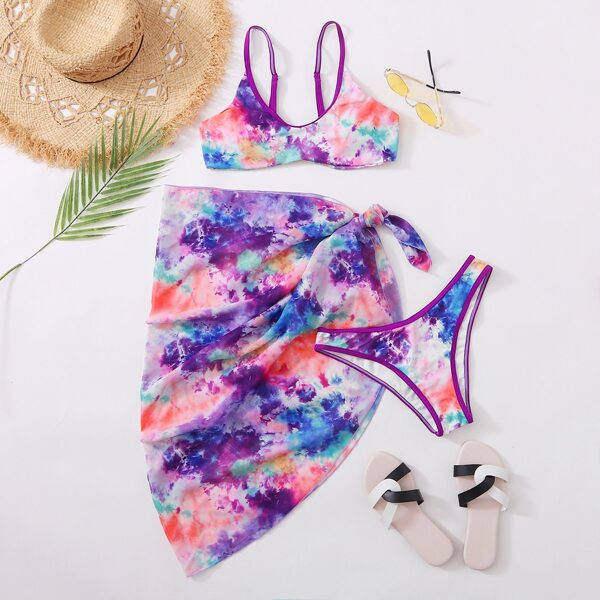 

3pack Tie Dye Bikini Swimsuit & Beach Skirt, Multicolor