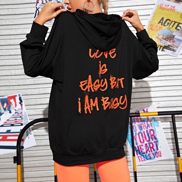 

Slogan Graphic Stitch Trim Drawstring Hoodie, Black