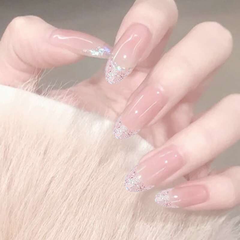 

24pcs Glitter Detail False Nail & 1sheet Tape, Pink