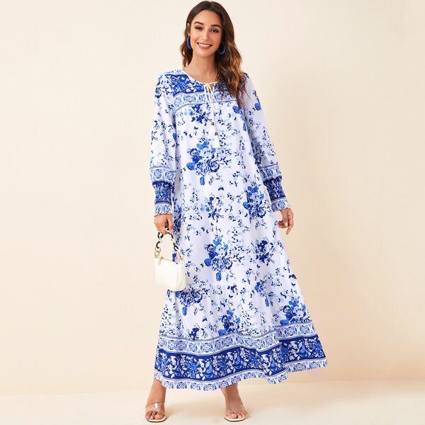 

Fringe Tie Neck Floral Print Maxi Dress, Blue and white