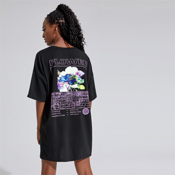 

Mixed Print Drop Shoulder Tee Dress, Black
