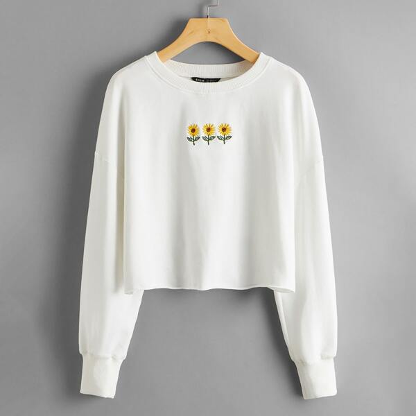 

Sunflower Embroidered Drop Shoulder Crop Hoodie, White