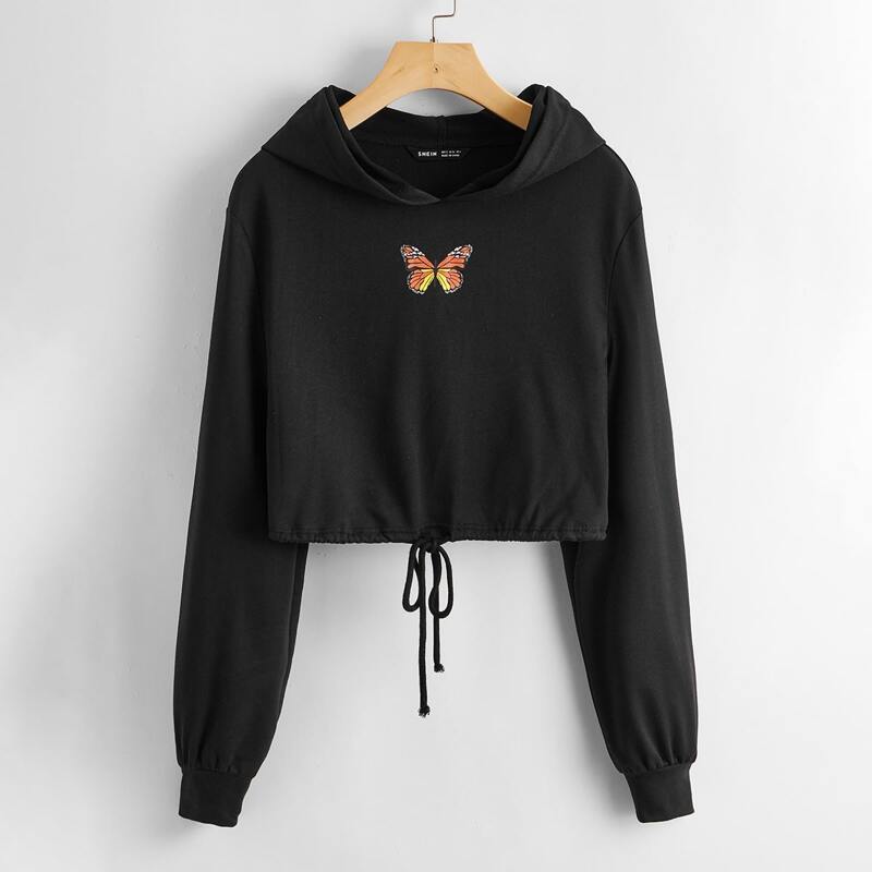 

Butterfly Print Drop Shoulder Drawstring Hem Hoodie, Black