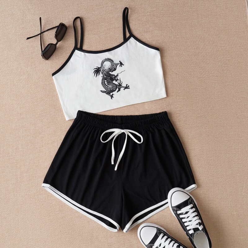 

Dragon Graphic Cami & Dolphin Shorts, Black and white