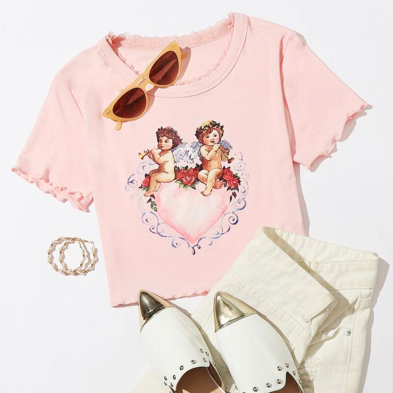 Angel Graphic Crop Tee, Baby pink