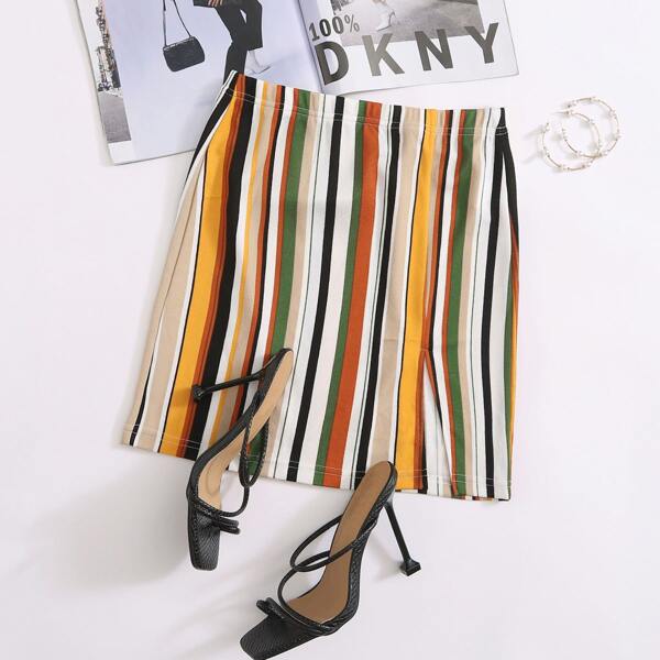 

Split Hem Striped Skirt, Multicolor