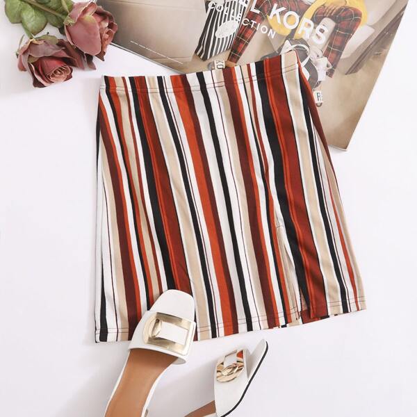 

Split Hem Striped Skirt, Multicolor
