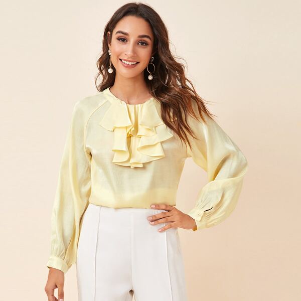 

Raglan Sleeve Jabot Top, Yellow pastel