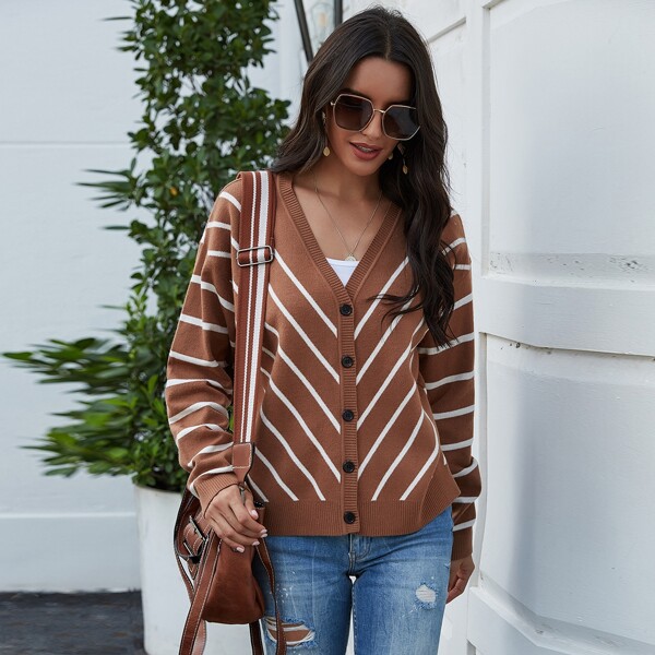 

Button Front Drop Shoulder Striped Cardigan, Rust brown
