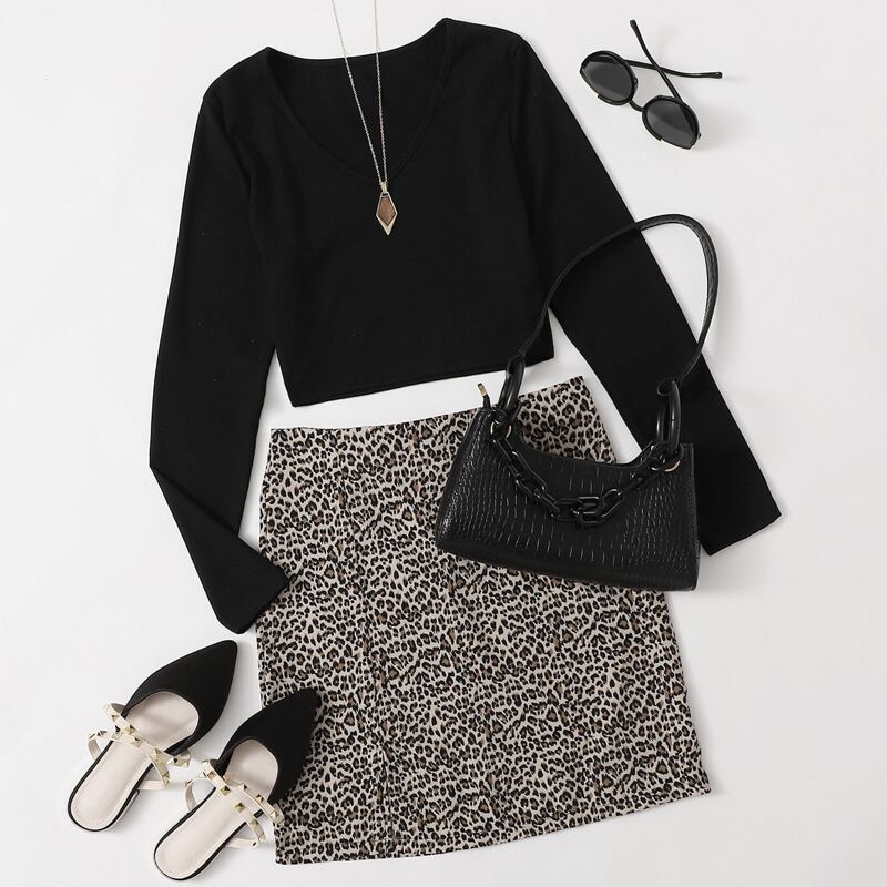 

Black Tee & Leopard Skirt, Multicolor