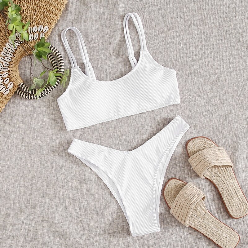 

Rib High Leg Bikini Swimsuit, White