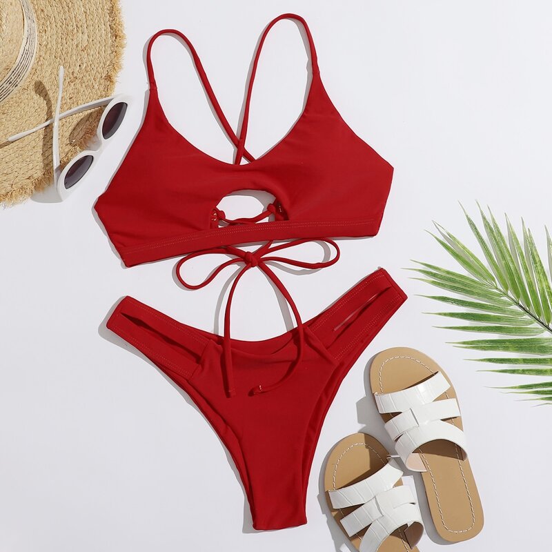 

Cut-out Tie Back High Cut Bikini Swimsuit, Red
