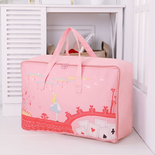 

Cartoon Girl Print Quilt Storage Bag, Pink