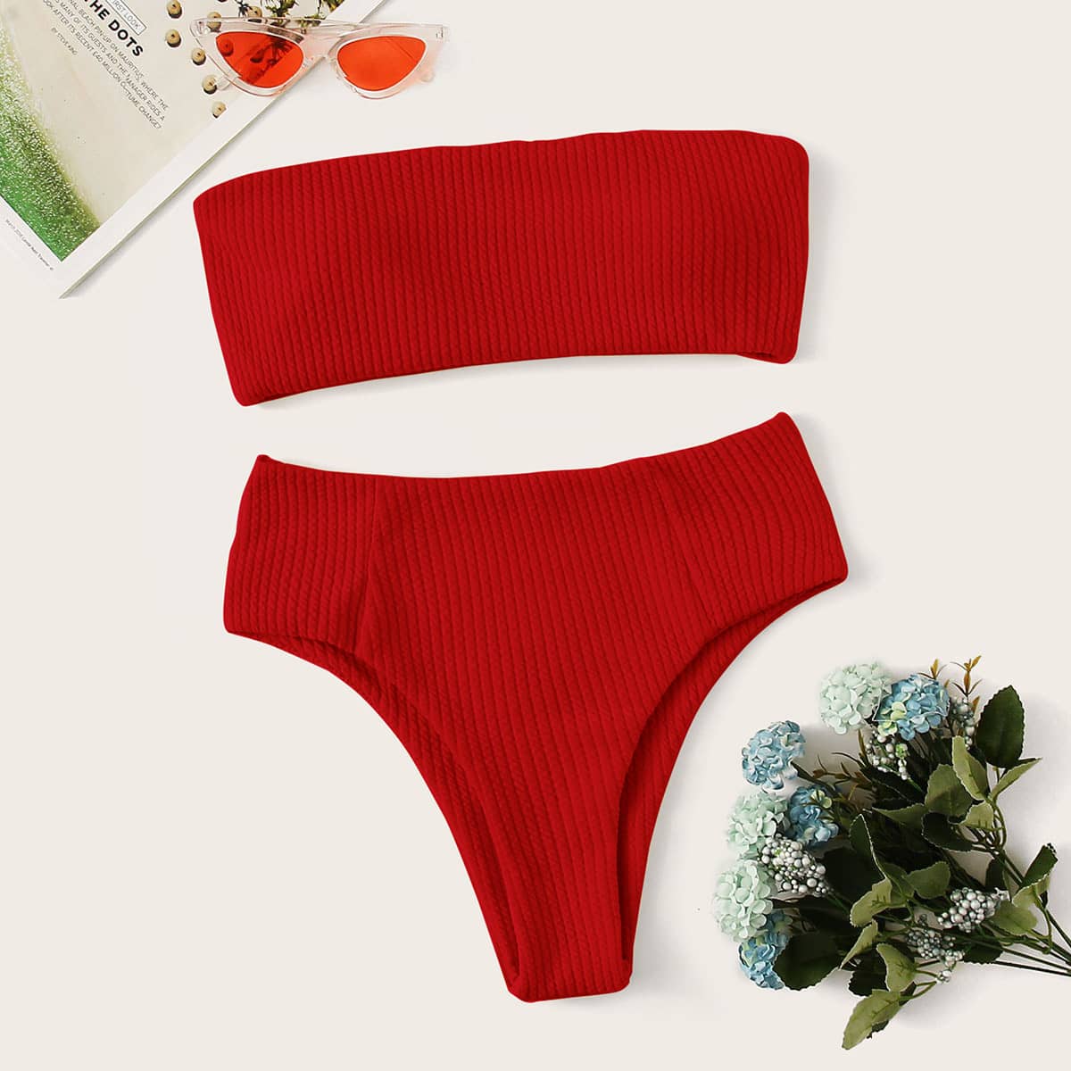 

Rib Bandeau High Waisted Bikini Swimsuit, Red