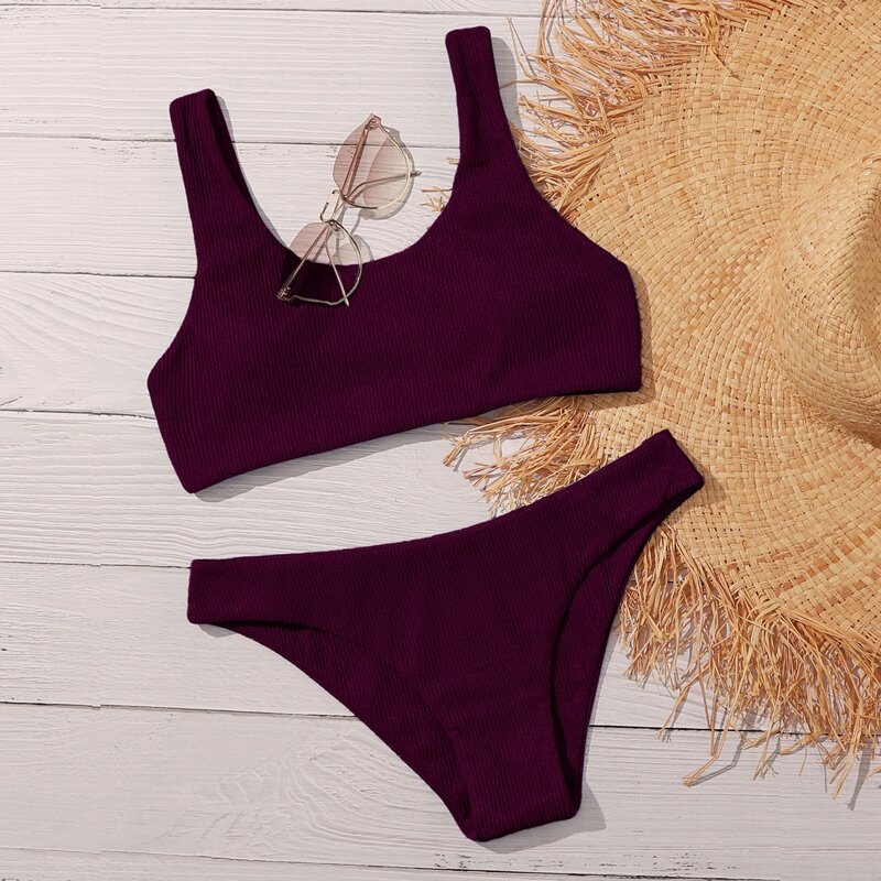 

Plain Rib Bikini Swimsuit, Maroon