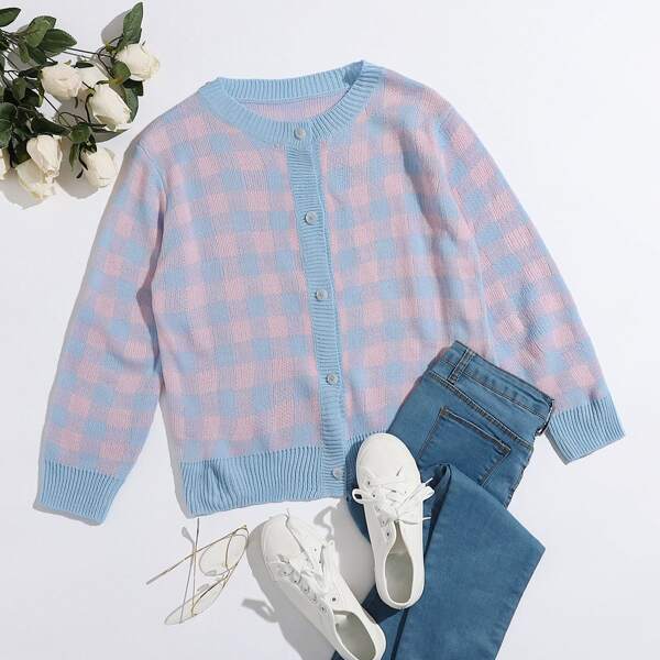 

Button Front Gingham Cardigan, Multicolor