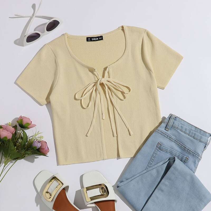 

Tie Front Solid Cardigan, Khaki