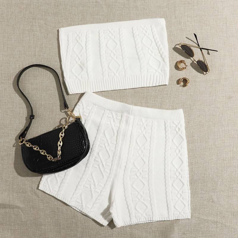 

Cable Knit Tube Top & Shorts Set, White