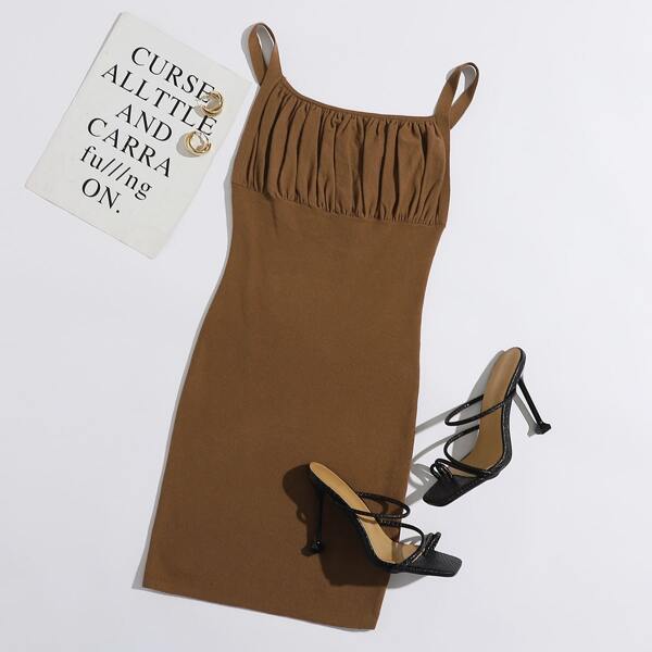 

Ruched Bust Solid Sweater Dress, Coffee brown