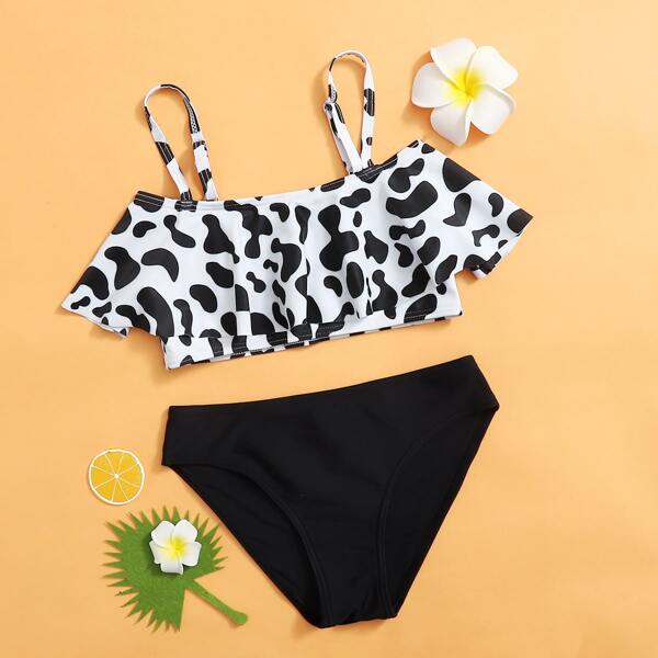 

Girls Cow Print Flounce Bikini Swimsuit, Black and white