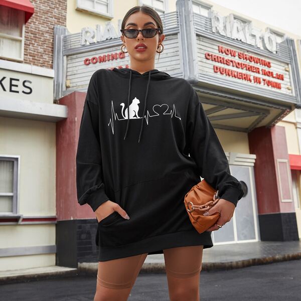 

Drop Shoulder Slant Pocket Cat & Heart Sweatshirt, Black