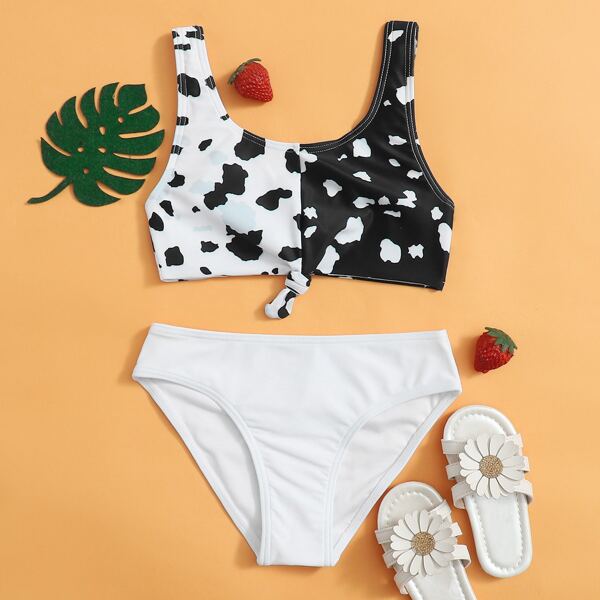 

Girls Graphic Print Knot Hem Bikini Swimsuit, Black and white