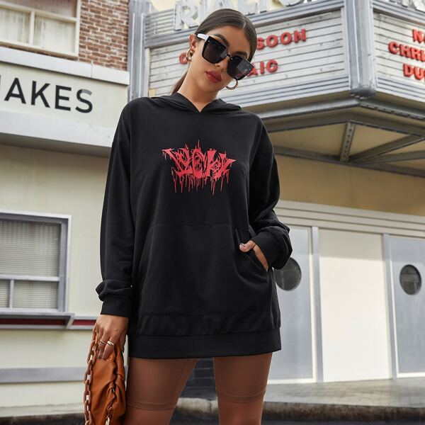 

Drop Shoulder Slant Pocket Letter Graphic Sweatshirt, Black