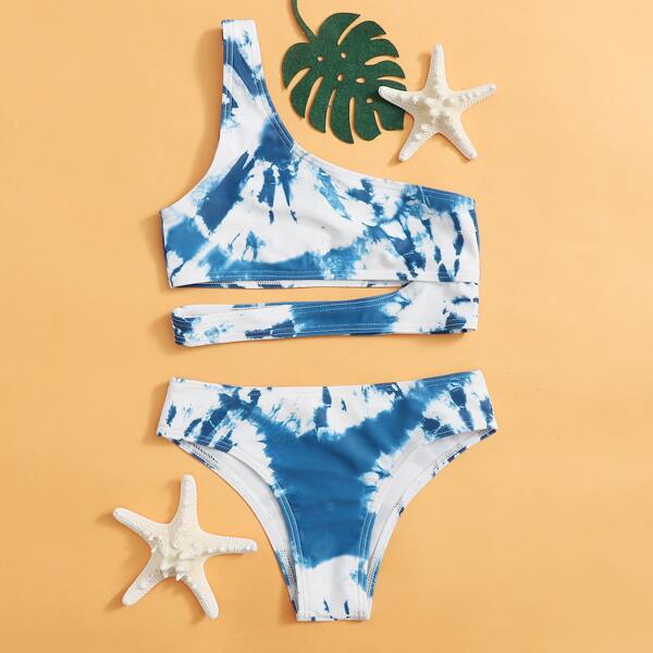 

Girls Tie Dye Cut-out One Shoulder Bikini Swimsuit, Blue and white