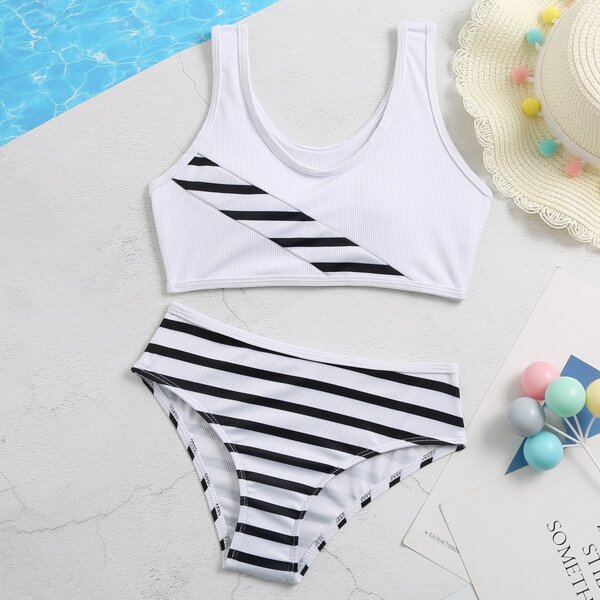 

Girls Striped Rib Bikini Swimsuit, Black and white