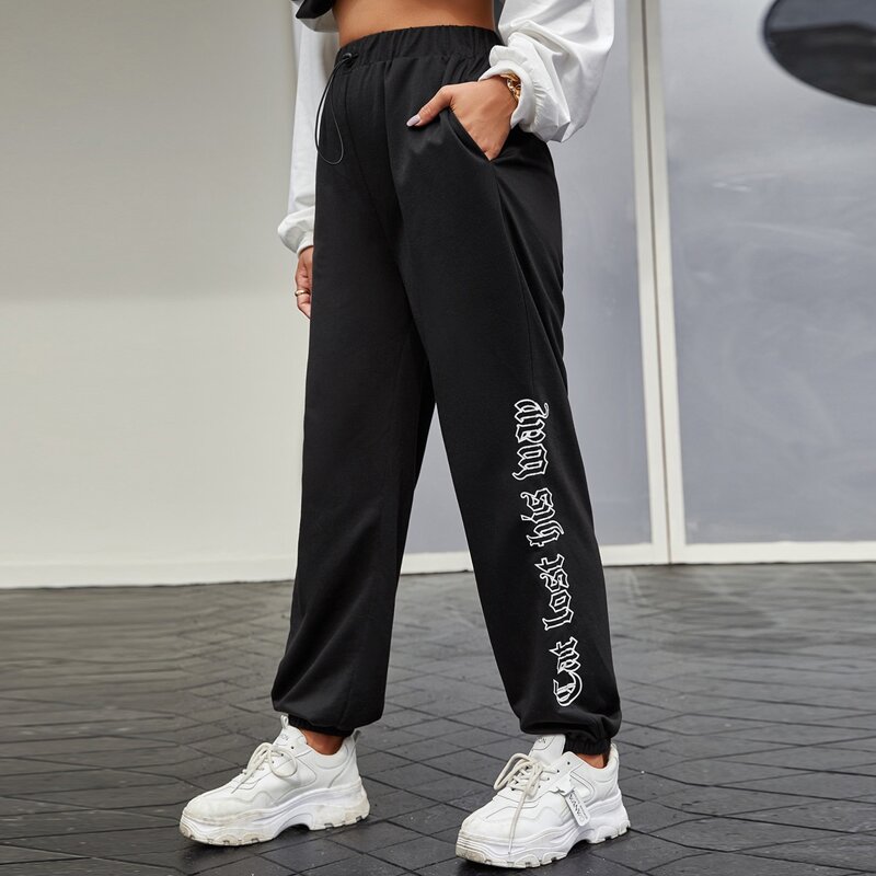 

Drawstring Waist Slant Pocket Slogan Graphic Pants, Black