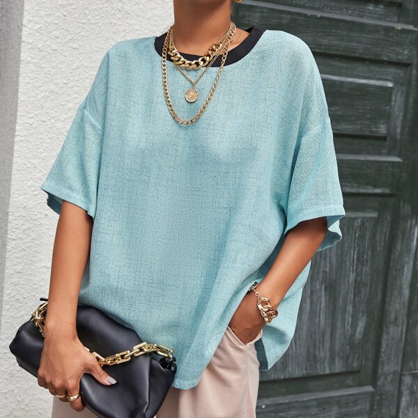 

Drop Shoulder Contrast Collar Top, Mint blue