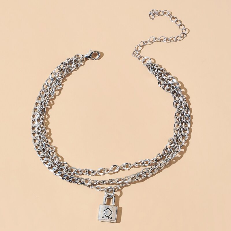 

Lock Layered Chain Anklet, Silver