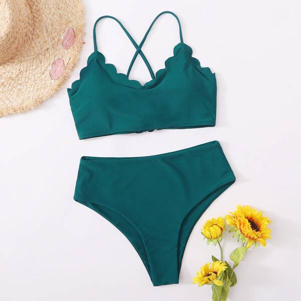 

Scallop Trim High Waisted Bikini Swimsuit, Dark green