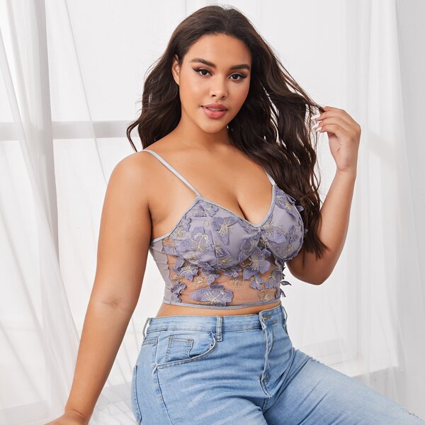 

Plus Butterfly Appliques Embroidered Mesh Bralette, Dusty purple