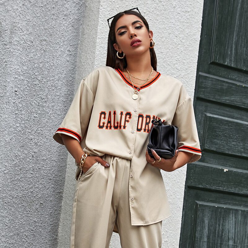 

Contrast Striped Letter Graphic Top, Khaki
