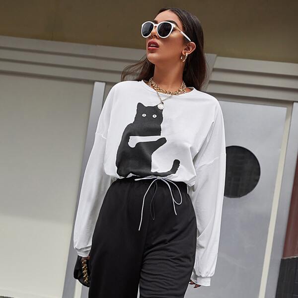

Drop Shoulder Tie Hem Cat Print Sweatshirt, White