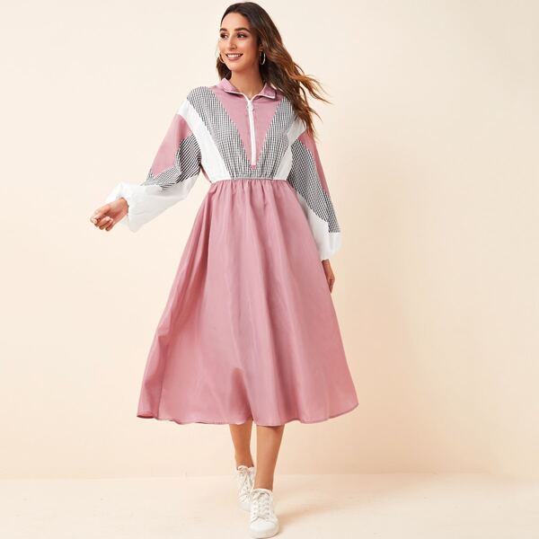 

Buffalo Plaid Panel Lantern Sleeve O-ring Zip Half Placket Coat, Dusty pink