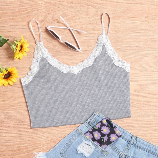 

Lace Trim Rib-knit Cami Top, Grey